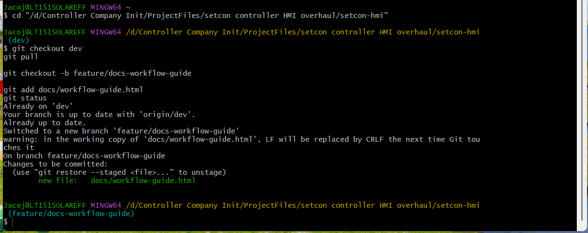 Git Bash terminal showing checkout dev, pull, checkout -b feature branch, add file, and git status with the new file staged