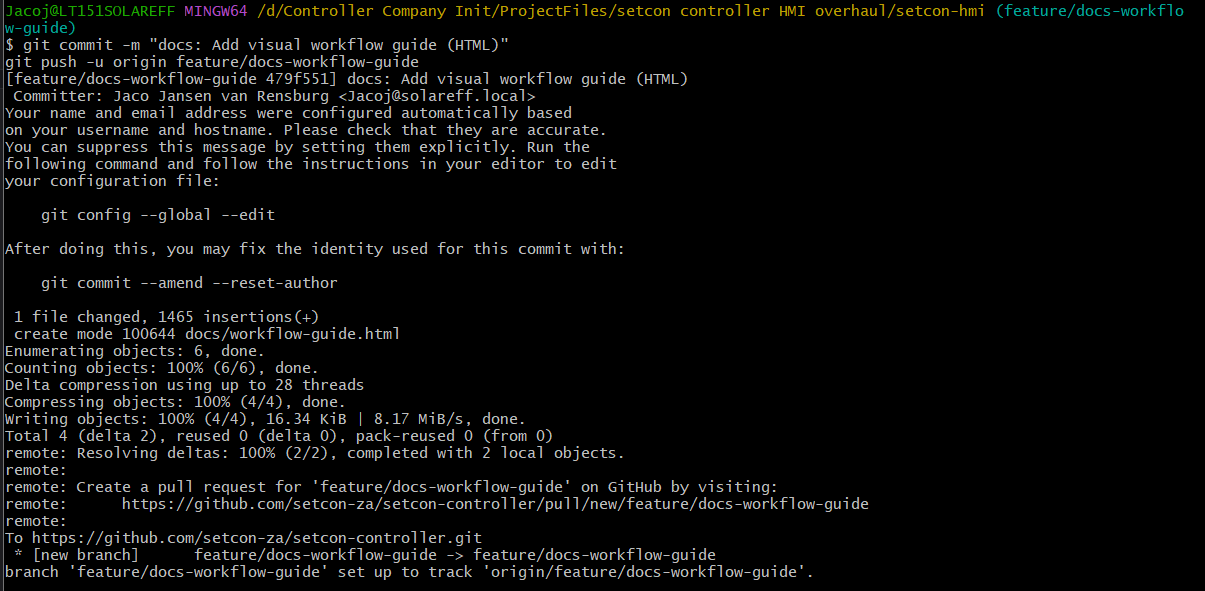 Git Bash terminal showing git commit followed by git push -u origin, with the new branch created on GitHub and the URL to create a pull request printed at the end