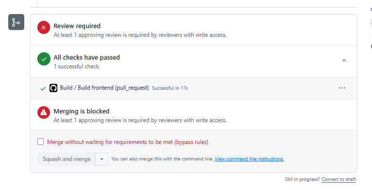 GitHub PR merge box showing Review required still blocking, All checks have passed with green tick and Successful in 17s, Merging is still blocked