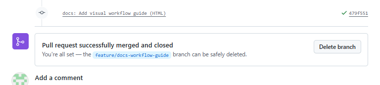 GitHub PR conversation showing the merged commit and a purple Pull request successfully merged and closed banner with a Delete branch button